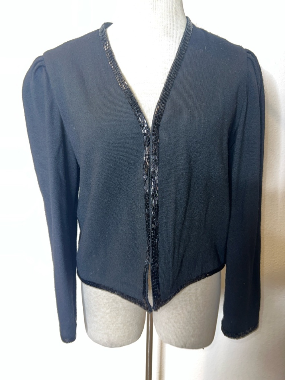 Albert Capraro Vintage Black Beaded Trim Open Front Cardigan
